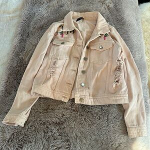 ASOS Light Pink Jean Jacket with Embroidered Floral Accents